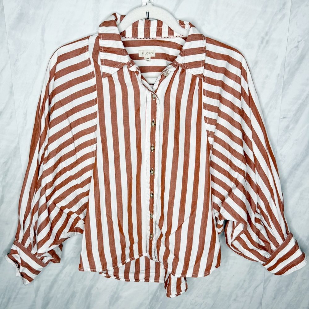 Pilcro Brown Button Down Shirt with Notched Collar and Cuffed Sleeves